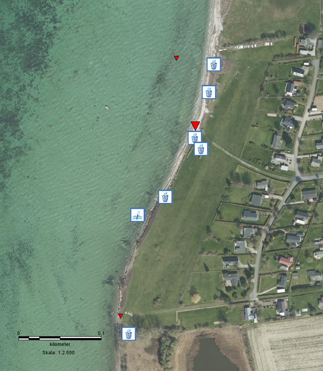 Her ser du en oversigt over de forskellige steder ved stranden.