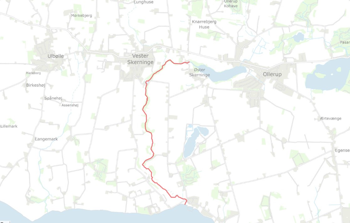 Projektstrækningen vist med rødt på kortudsnit