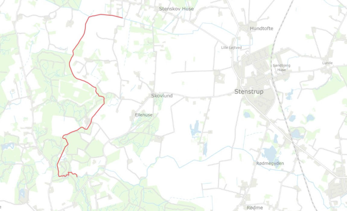 Projektstrækningen vest for Stenstrup vist på skærmkort