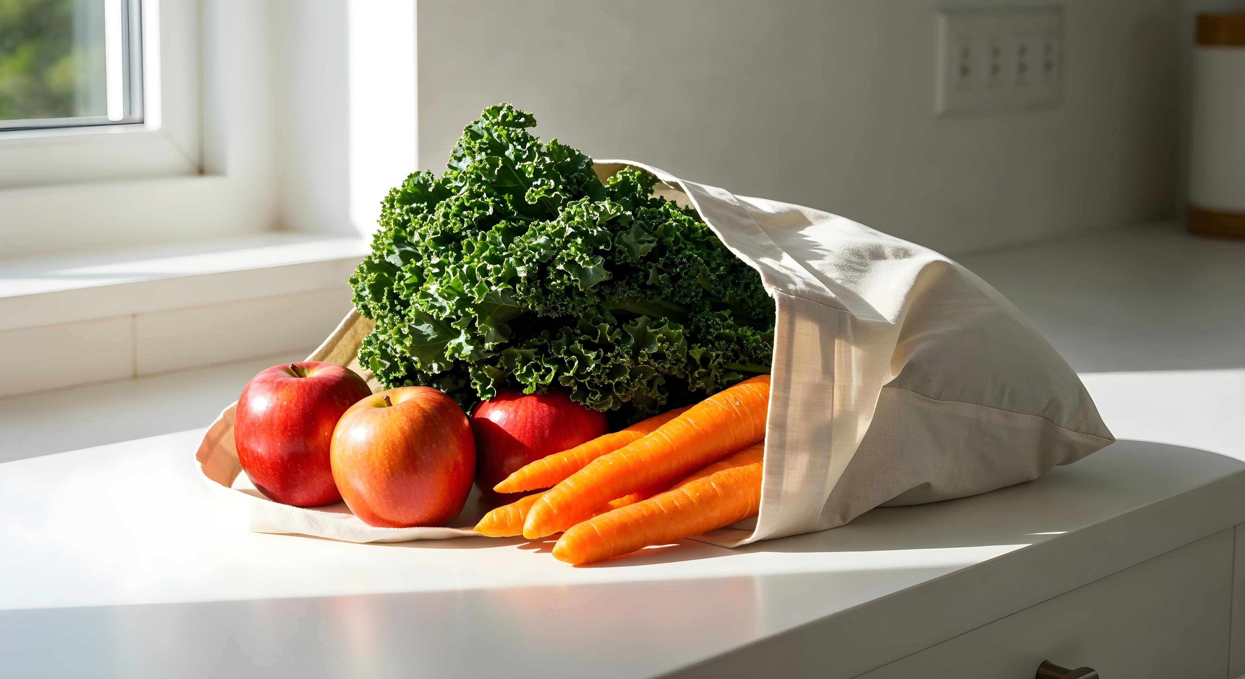 Pose med frisk frugt og grønt