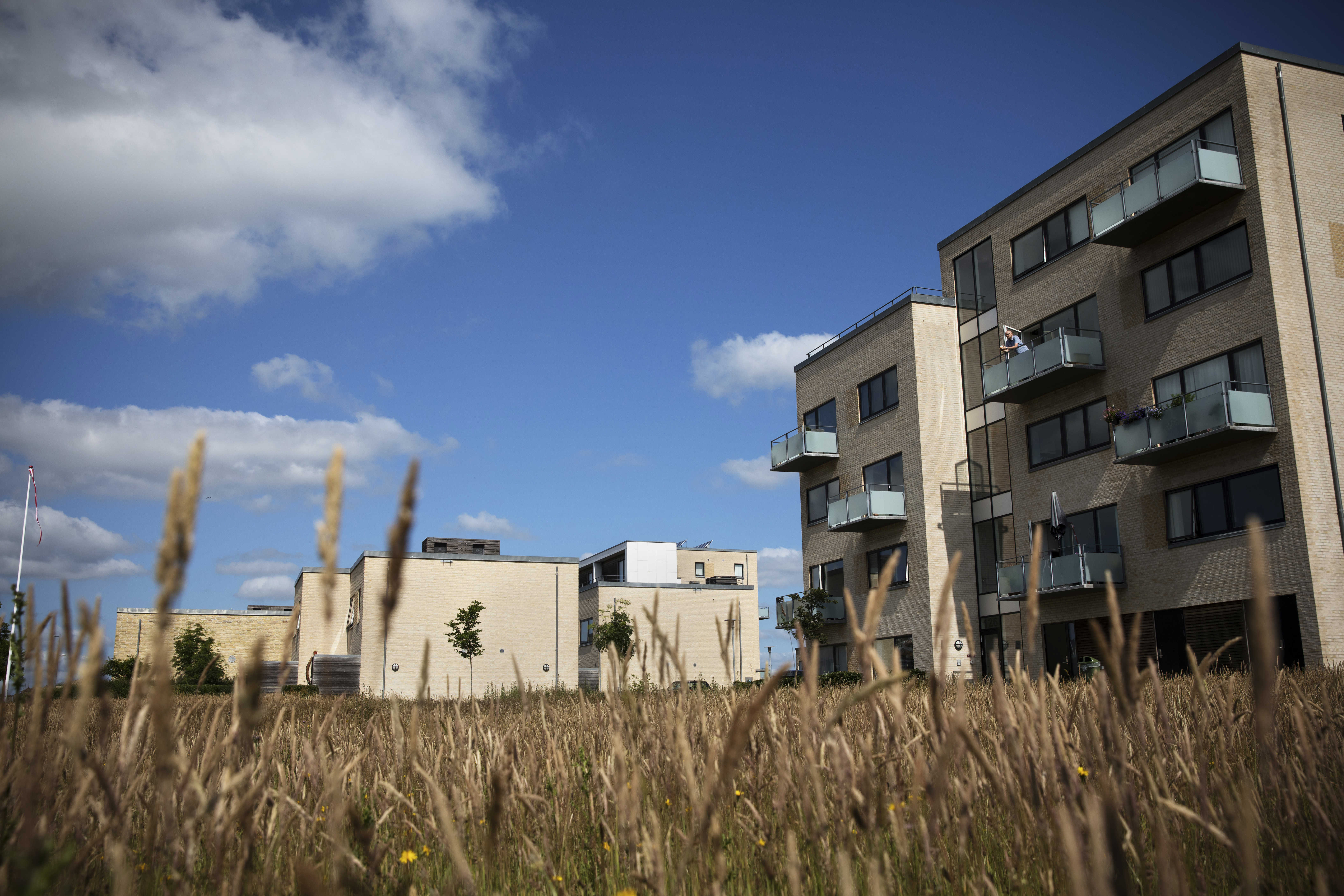 Høje huse med græs i forgrunden