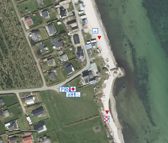 Her ser du en oversigt over de forskellige steder ved stranden.