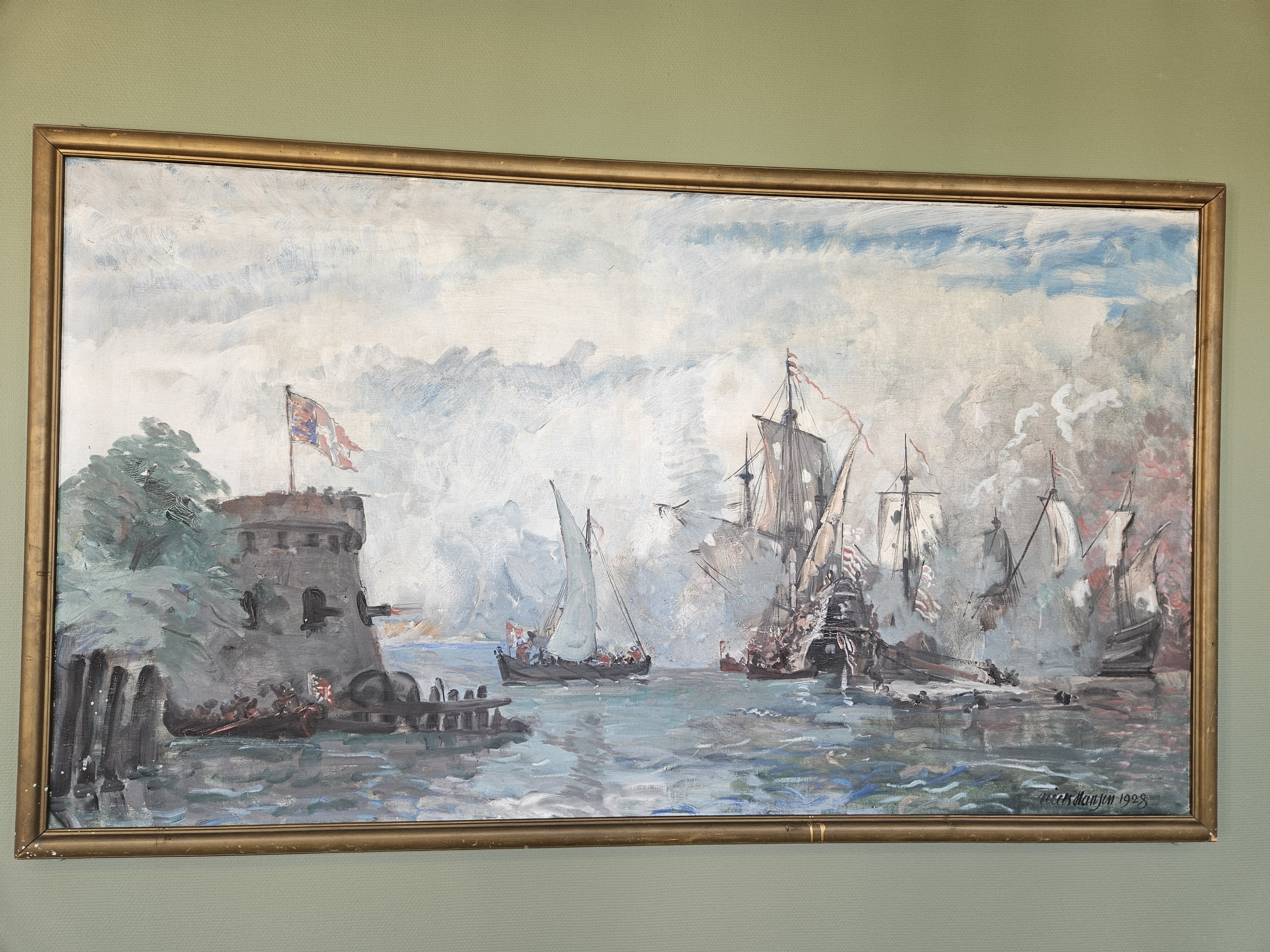 Billede af et maleri fra 1928 med skibe i krig.