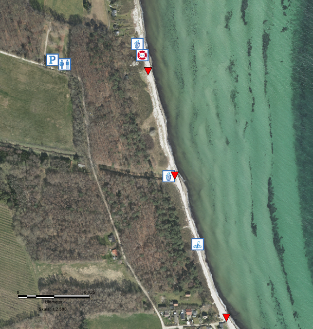 Her ser du en oversigt over de forskellige steder ved stranden.