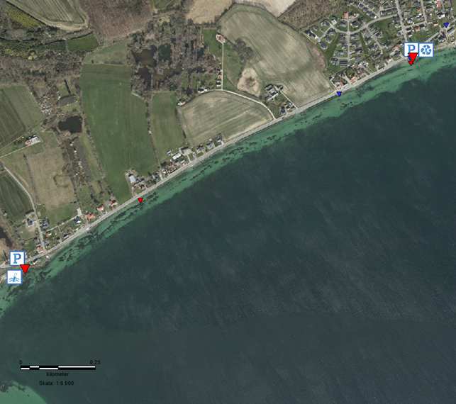 Her ser du en oversigt over de forskellige steder ved stranden.